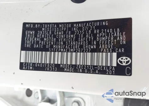 2021 Toyota Corolla Le z USA, uszkodzony, nr VIN 5YFEPMAE3MP267227